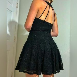 Black halter floral sequin lace dress